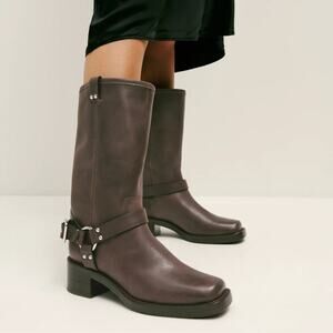 Reformation Francesca Moto Boots NEW Distressed Leather Brown Mid-Calf Size 7